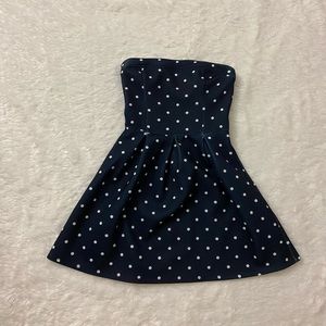 Navy polka dot strapless neoprene dress